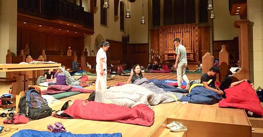 Youth in sleeping bags in the Cathedral